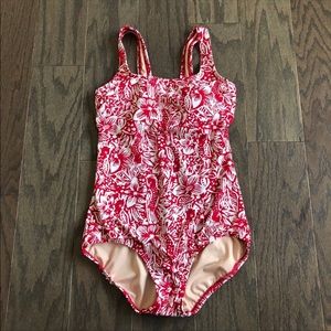 Lands End Red and White Floral One Piece Swimsuit